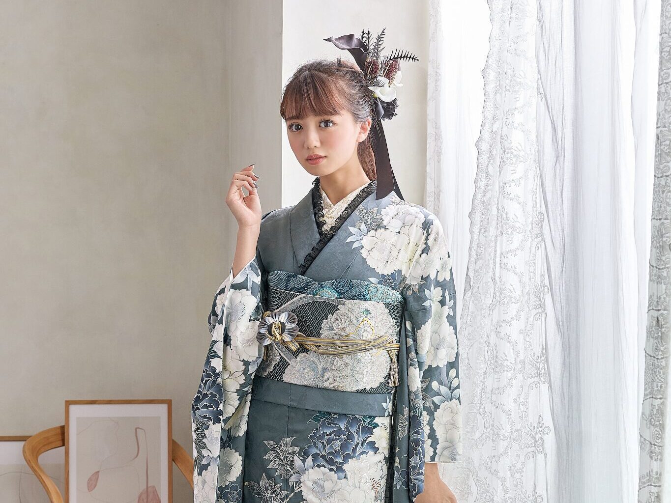 京都　宇治　大阪　茨木　成人式振袖　くすみ　青