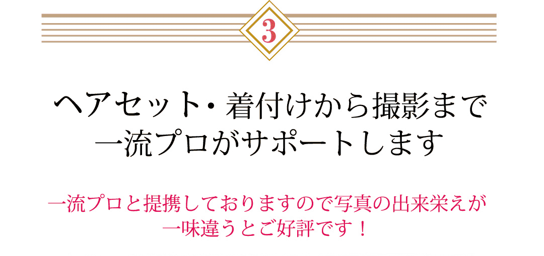 ヘアセット・着付けから撮影まで一流プロがサポートします